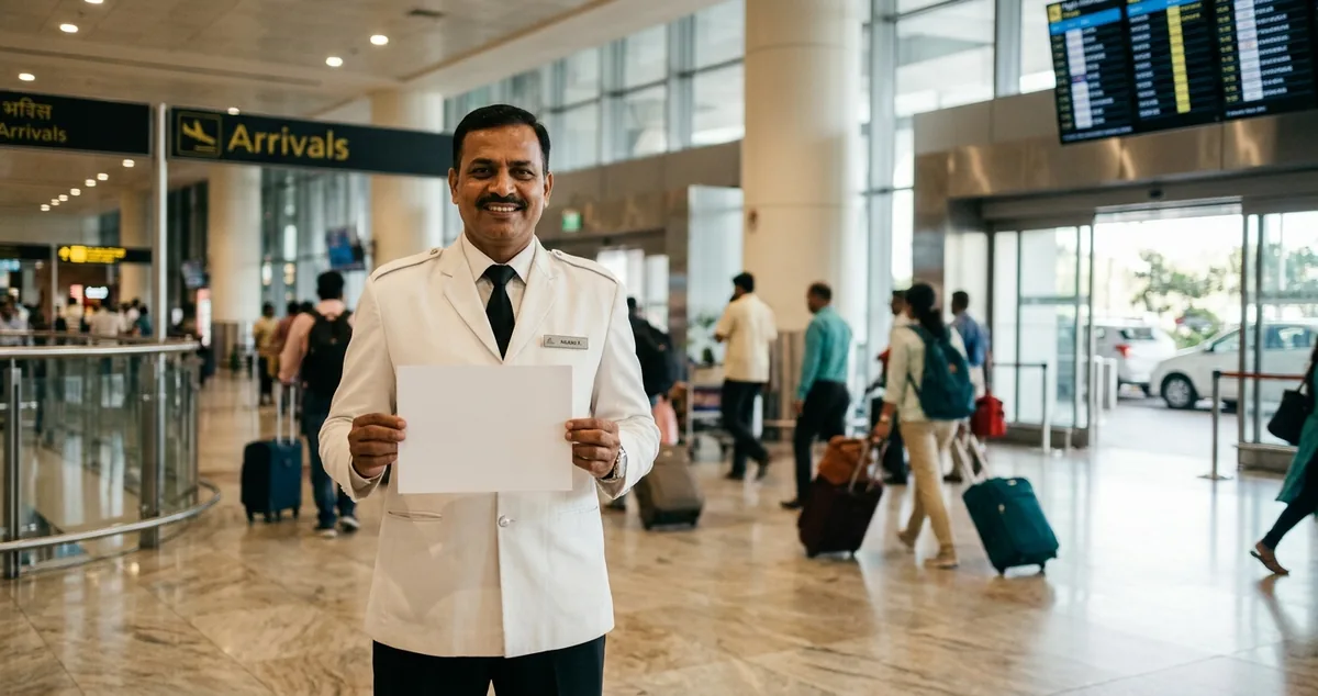 Driver holding name board at airport arrivals — pre-arranged cab pickup