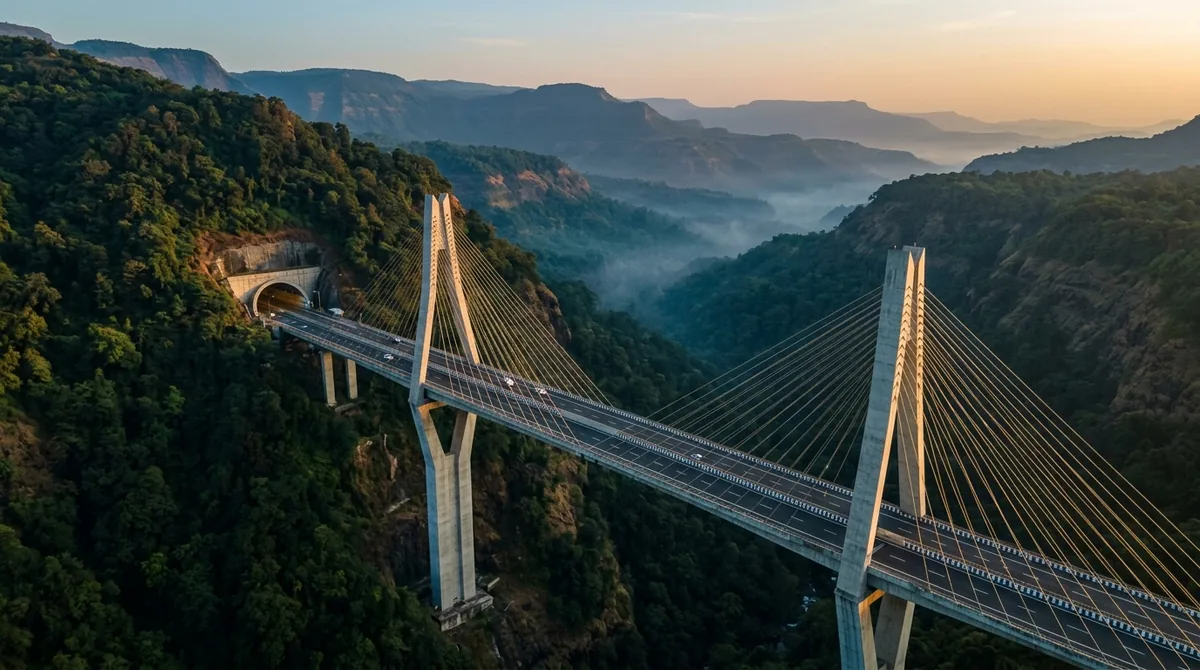 Cable-stayed bridge through Sahyadri hills at sunrise — Mumbai Pune Expressway Missing Link 2026