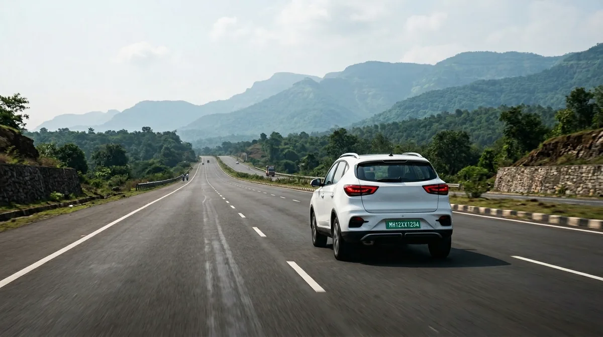 Modern electric vehicle on Mumbai-Pune Expressway — one-way cab from Pune to Mumbai