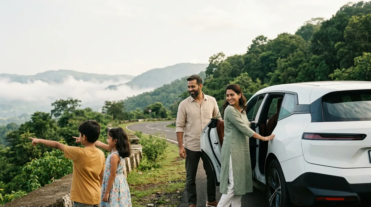 Indian family with white electric SUV at Western Ghats hill station viewpoint — summer 2026 family cab guide