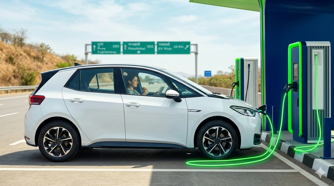 Electric vehicle on a modern highway at dusk — EV cab for Pune to Mumbai intercity travel